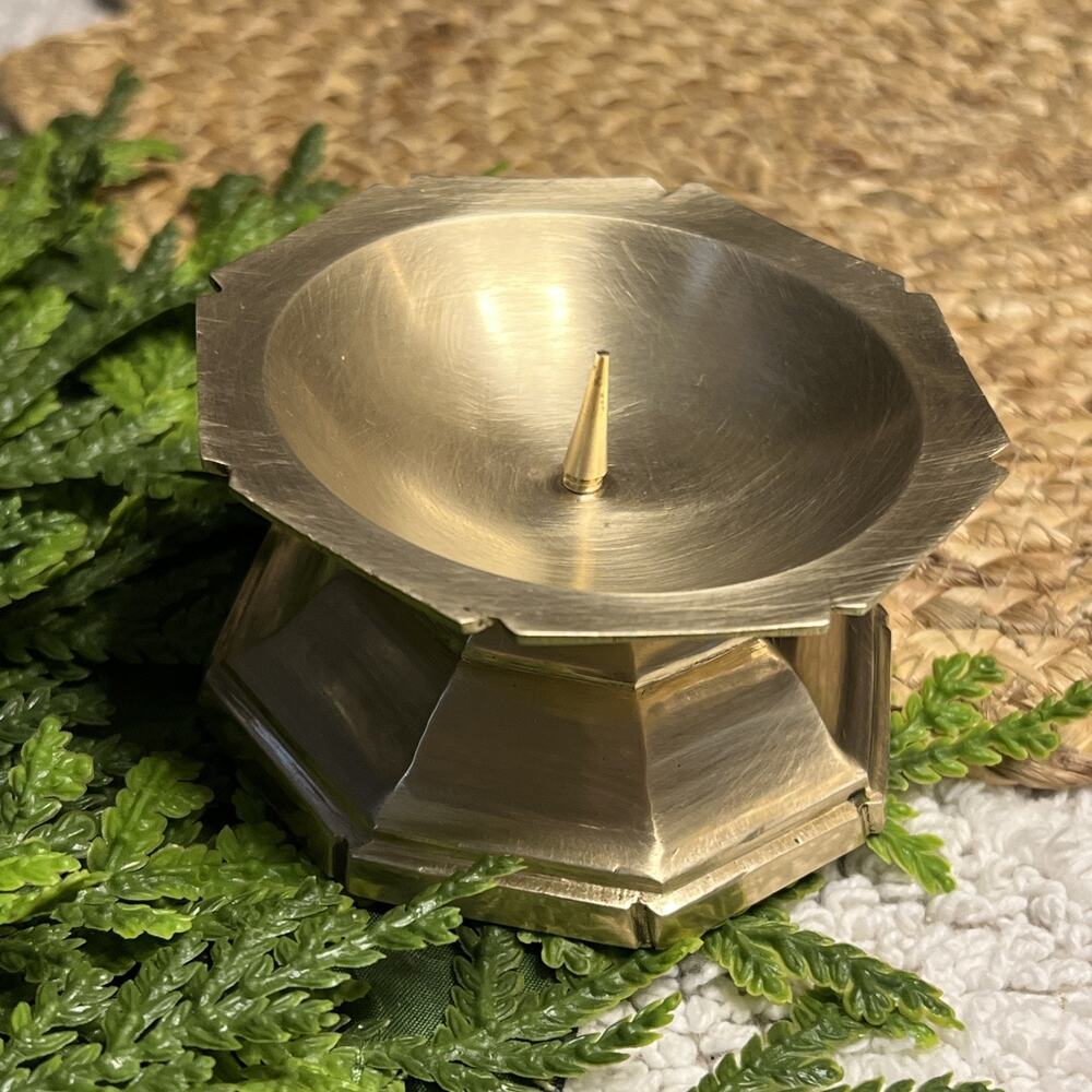 Vintage Solid Brass Octagonal Pillar Candle Holder Spike MCM Made in India
